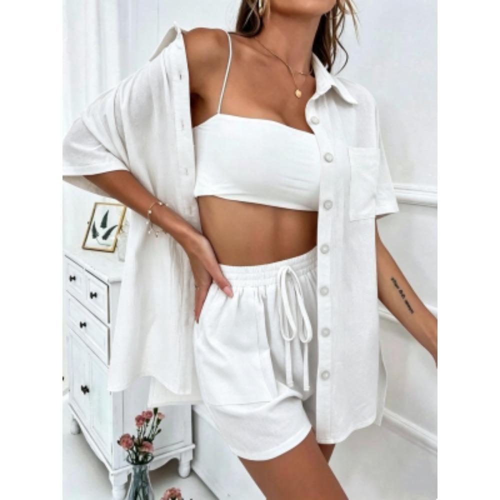 European American Outdoor Street Women's Shirt Shorts 2-piece Set Summer Women's Short Sleeved Shirt Shorts Home Vacation Casual Women's Set