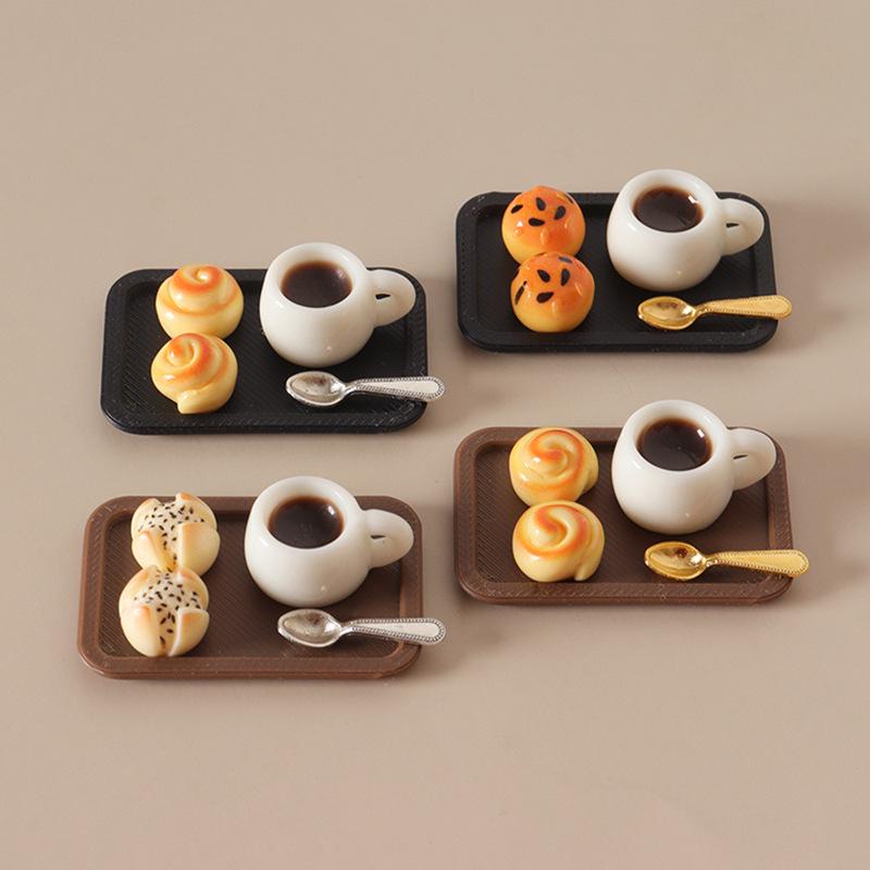 Miniature Dollhouse Food Ornaments: Bread, Coffee Cup & Tray Decor Accessories