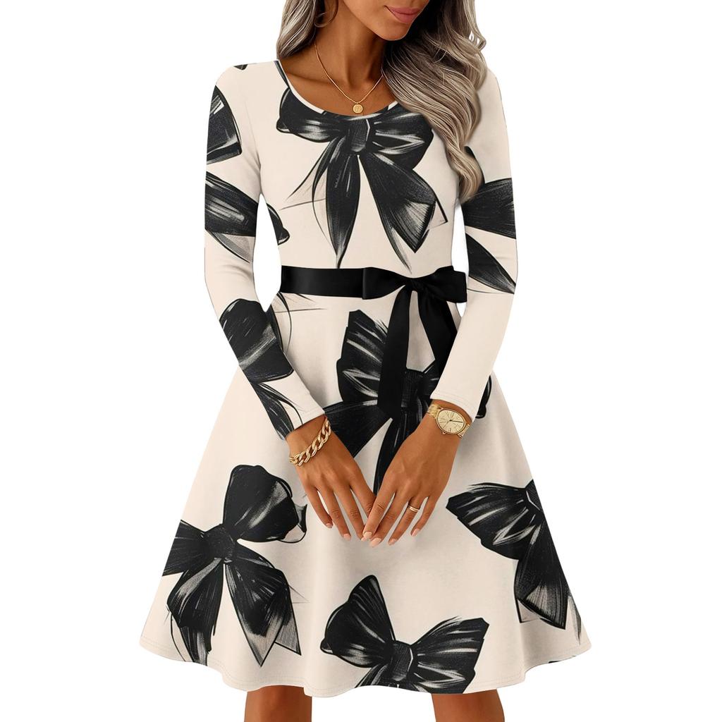 Damen Casual Mode Langarm Vintage Lange Kleider Frühling Valentinstag