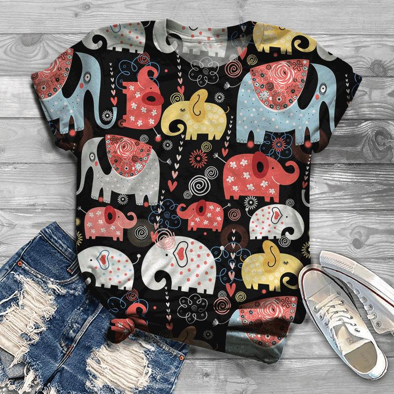 Letní Nové Pánské a Dámské Slon 3D Digitálně Potištěné Kulatý Výstřih Volné Tričko s Krátkým Rukávem Pár Tričko