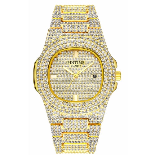 PINTIME Men's Diamond Watch Luxury Uni Silver Gold Iced Out Sparkling CZ Crystal Fashion Quartz Women's Wristwatch, Gold, Quartz Wristwatch.