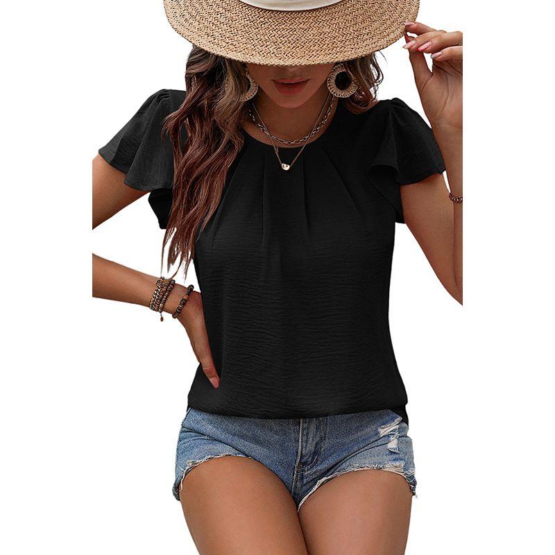 

Summer New Arrival Pure Color round Neck Pullover Chiffon Shirt Women 2024 Fashion Temperament Commute Ruffled Short Sleeves Tops Women Black S code fits (45.00 kg-55.00 kg