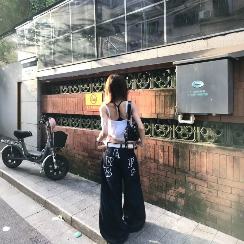 Womens High-Waisted Wide-Leg Denim Pants Streetwear Loose Fit Hip Hop Style Casual Jazz Dance Trousers
