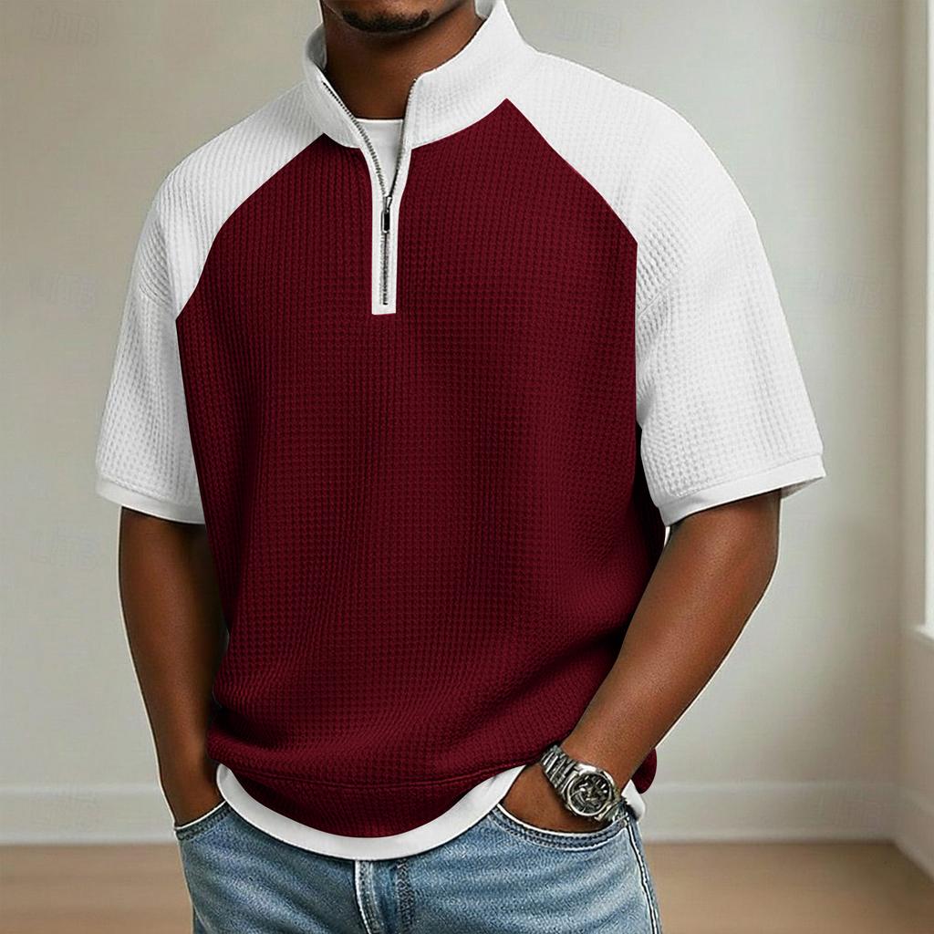 Men's Stand Collar Half Zipper Raglan Sleeve Color Block Casual Short-Sleeve Top