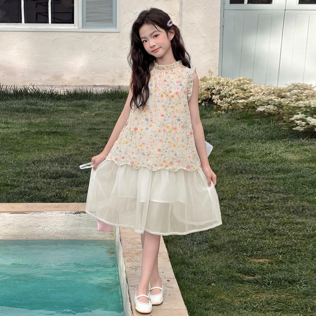 Girls' floral dress, summer new style, super beautiful sleeveless vest dress, middle-aged children's summer dress, fashionable princess dress