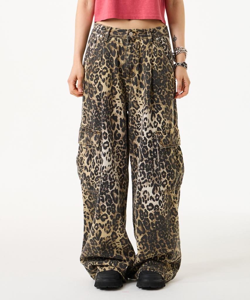 UNKNOWN PLANET Leopard Wide Cargo Pants Brown