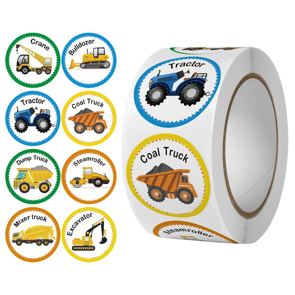 500pcs Cartoon Vehicle Stickers Roll Kids Toy Labels Round Adhesive Seals for Party Favors School Supplies and Scrapbooking