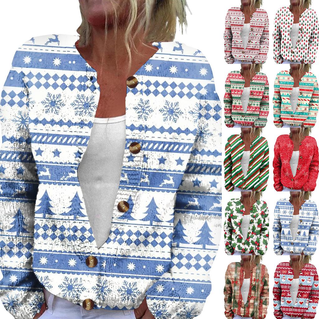 Women's Fashion Christmas Print Long Sleeve Knitted Cardigan Button Jacket