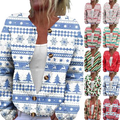 Kadın Modası Noel Baskılı Uzun Kollu Örme Hırka Düğmeli Ceket