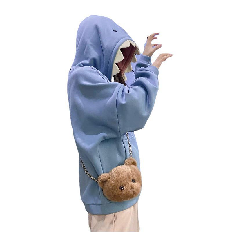2022 Cute Japanese Soft Girl Shark Hat Fleece Sweatshirt - Funny, Loose, Winter Student Top