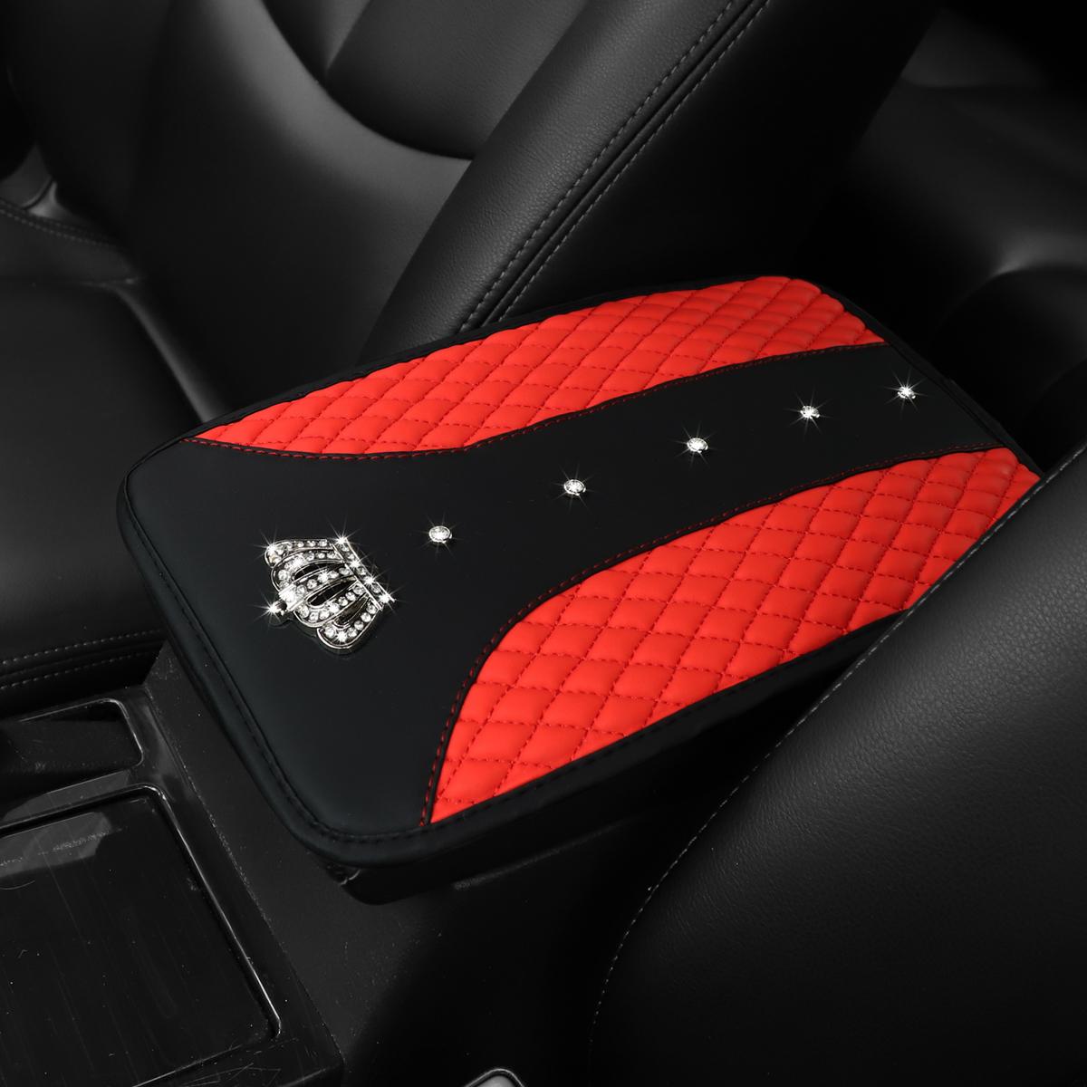 

1 Car Armrest Pad with Artificial Diamond Blingbling Metal Crown Artificial Sheepskin Embroidered Waterproof Comfort Car Supplie красный