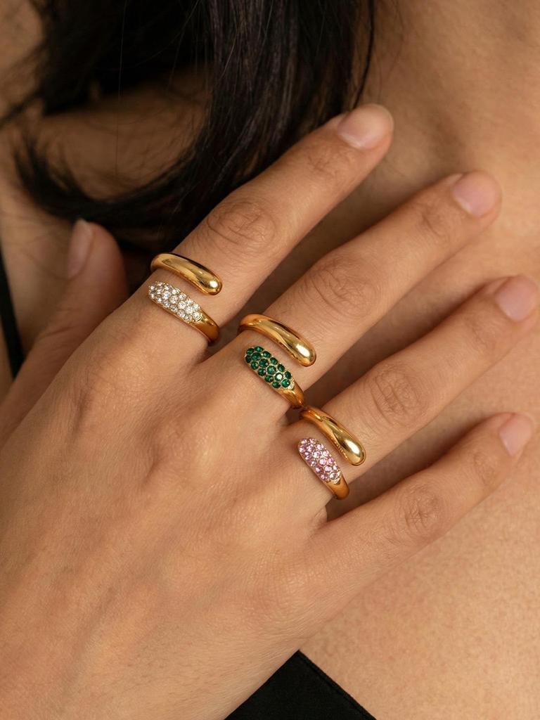 Simple Green & White Rhinestone Tri-Color Open Ring: 18K Gold-Plated Stainless Steel, European & American Style.