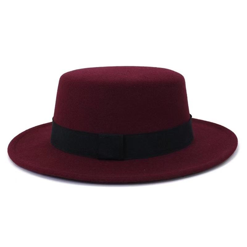 Autumn Winter Korean Version Flat-Top British Style Solid Color Top Hat Gentleman'S Jazz Hat Wide-Brimmed Flat-Brimmed Woolen Hats For Men And Women