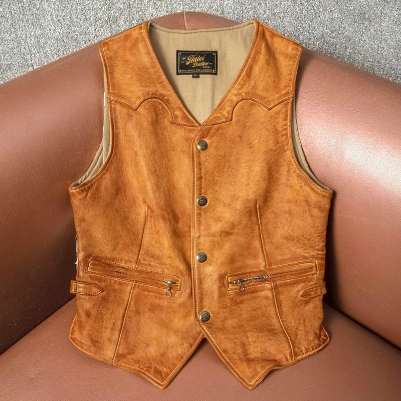 Vintage Heavy Washed Genuine Lambskin Leather Vest Mens Slim Fit Casual Waistcoat