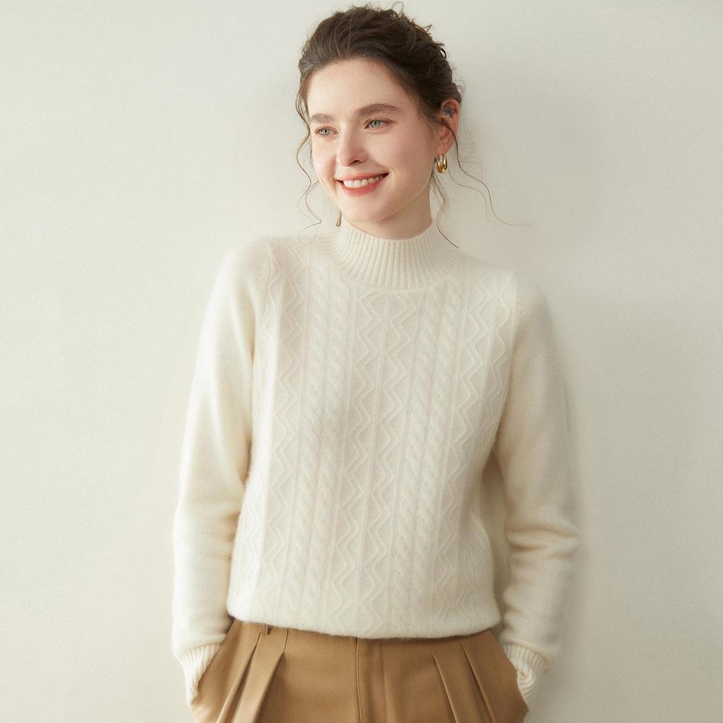 Women's Cashmere Half-High Neck Sweater, Autumn/Winter 2025, Seven-Needle Cable Knit, Loose Fit, Versatile Pullover.