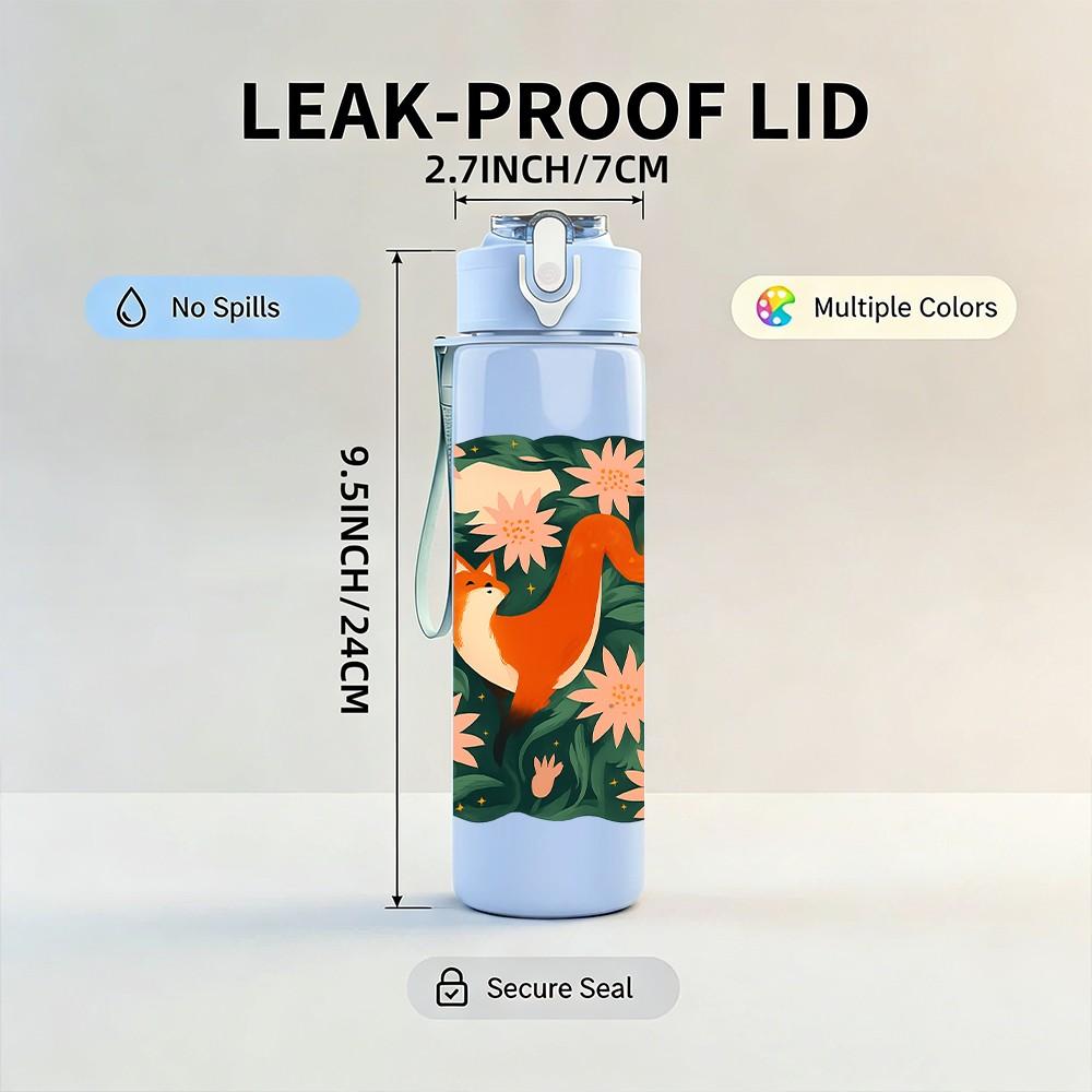 1PC Square Floral Fox Art 750ml Color Plastic Sports Water Bottle Leakproof Flip Straw Lid Suitable for Sports Office Home Use