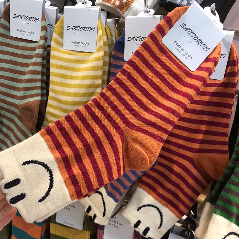 ETNA Spring Korean & Japanese Cute Smile Mid-Calf Striped Women s Cotton Socks
