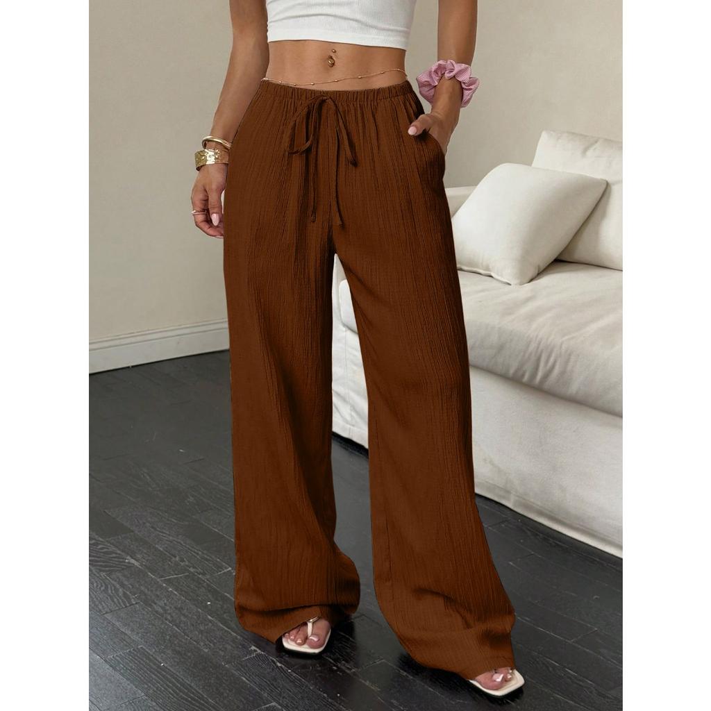 New Women's Casual Solid Color Textured Fabric Knotted Waist Slanted Pocket Wide Leg Pants