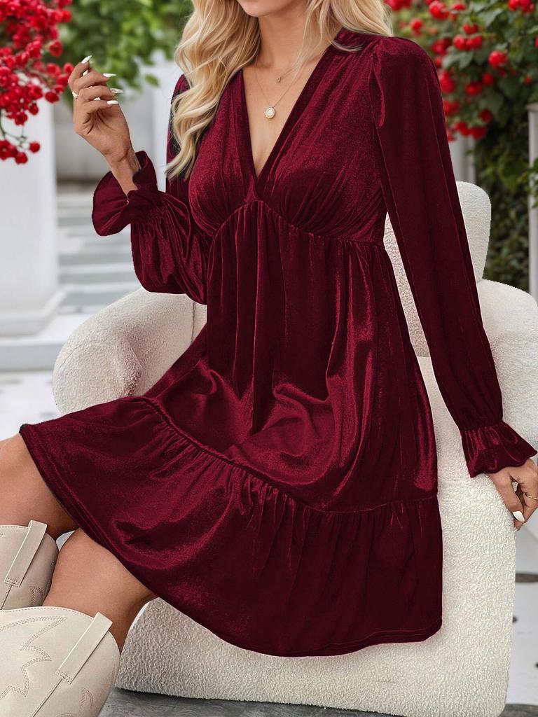 Women Elegant Velvet V Neck Long Sleeve High Waist A Line Short Dress