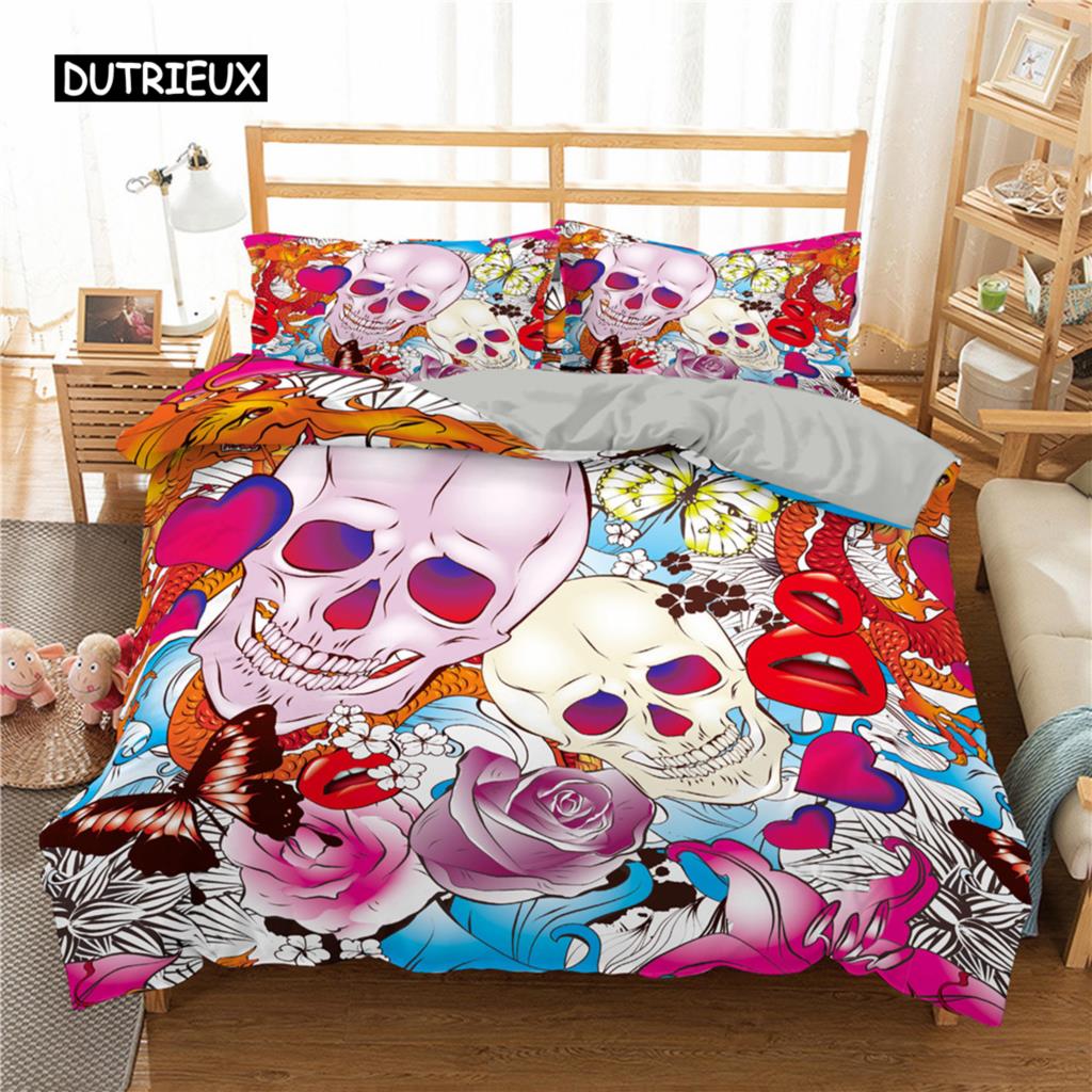 Sugar Skull King Queen Duvet Cover Cartoon Skeleton Blue Car Bedding Set for Teens Adults Halloween Day of The Dead Quilt Cover
