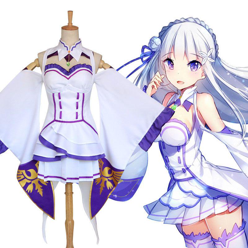 Rezero Kara Hajimeru Isekai Seikatsu Emilia Elf Cosplay Costume Complete Set
