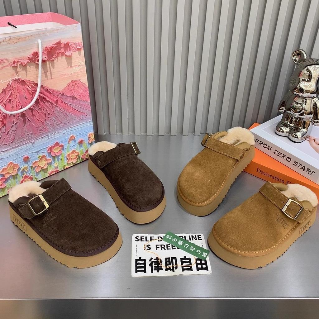European Matte Leather Fashion Boken Shoes Lamb Wool Slippers Women's 2024 New Autumn Thick-soled Bag Head Half Slippers