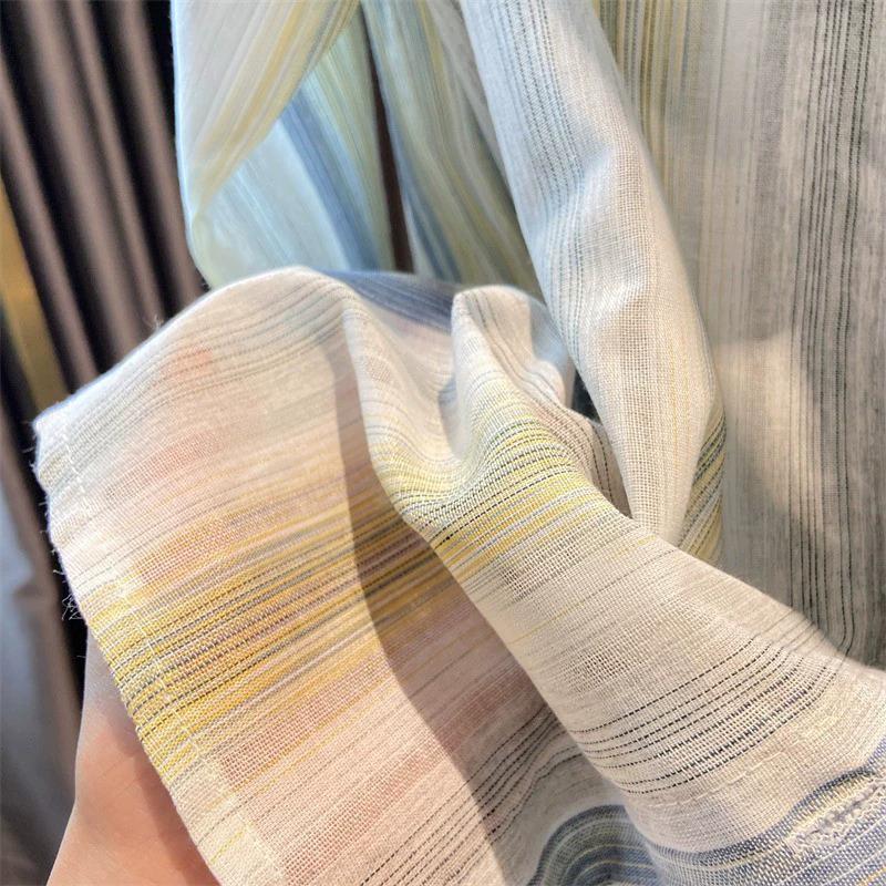 Spring and Autumn Cotton Hemp Contrast Stripe Irregular Split Long Sleeve Loose Shirt for Women