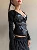Y2K Spicy Girl Floral V-Neck Long Sleeve Cinched Waist T-Shirt