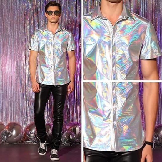 Pánská lesklá metalická košile s krátkým rukávem s klopou, zapínací na knoflíky, třpytivý disco outfit pro pódiové vystoupení, noční klub, taneční párty, bar
