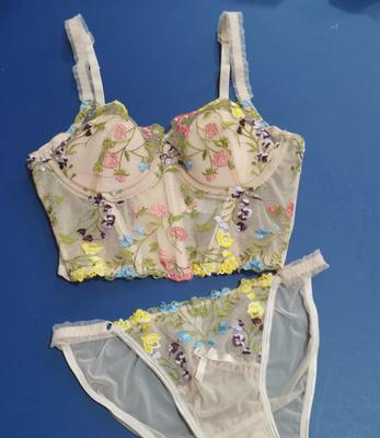 Floral Embroidered French Bra Set for Small Busts with Vibrant Color and Supportive Underwire