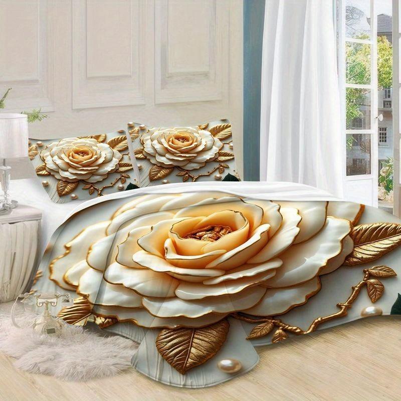 Golden Floral Bedding Set Duvet Cover Set Quilt Cover With Pillowcase For Bedroom Decor Birthday Gift Halloween Christmas Gift