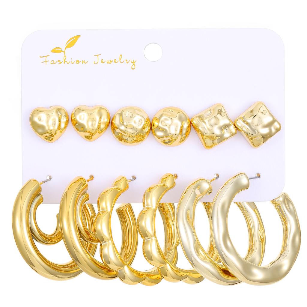 2026 style earrings, personalized earrings C-shaped irregular exaggerated alloy earrings 6-piece set, gold and silver card wholesale
