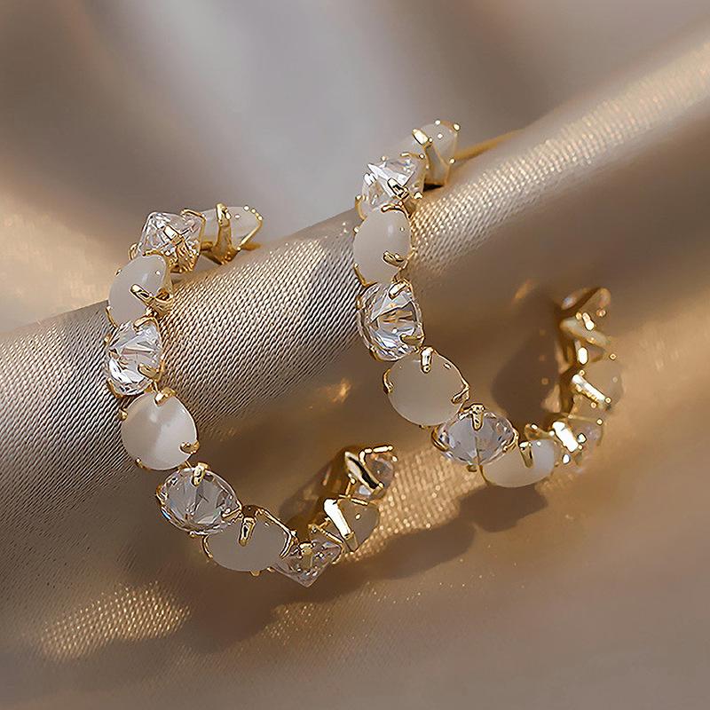 Silver needle real gold electroplated imitation opal diamond C-shaped earrings ins simple earrings