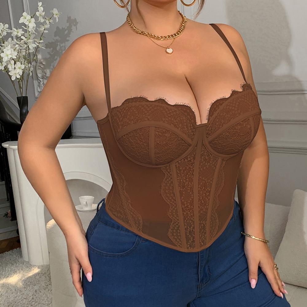 1XL-4XL Big Size Lace Corset Hollow Suspender Vest Elegant Simple Lace Crop Tops Spring Summer