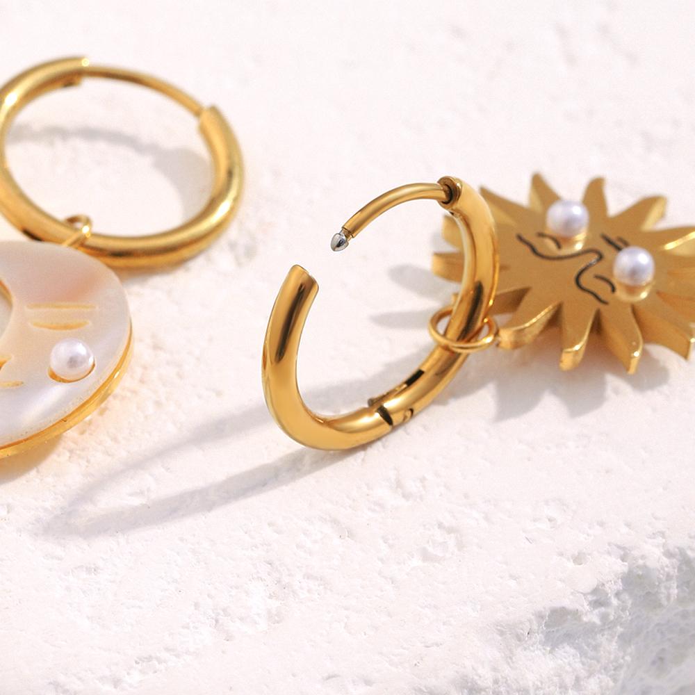 MamacitaSlay Creative 316L Stainless Steel Shell Pearl Sun Moon Earrings Waterproof Jewelry Women's 18K Gold Plated Earrings