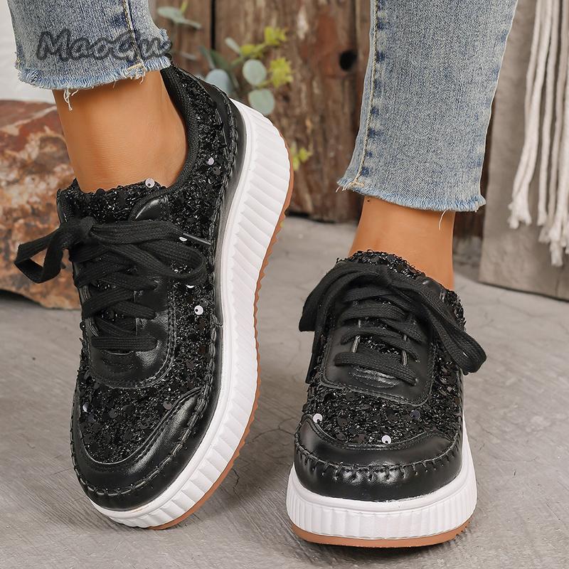 Fashion Fashion Glitter Platform Sneakers for Women 2025 Spring Lace Up Pink Sports Shoes Woman Plus Size 43 Thick Bottom Walking Shoes