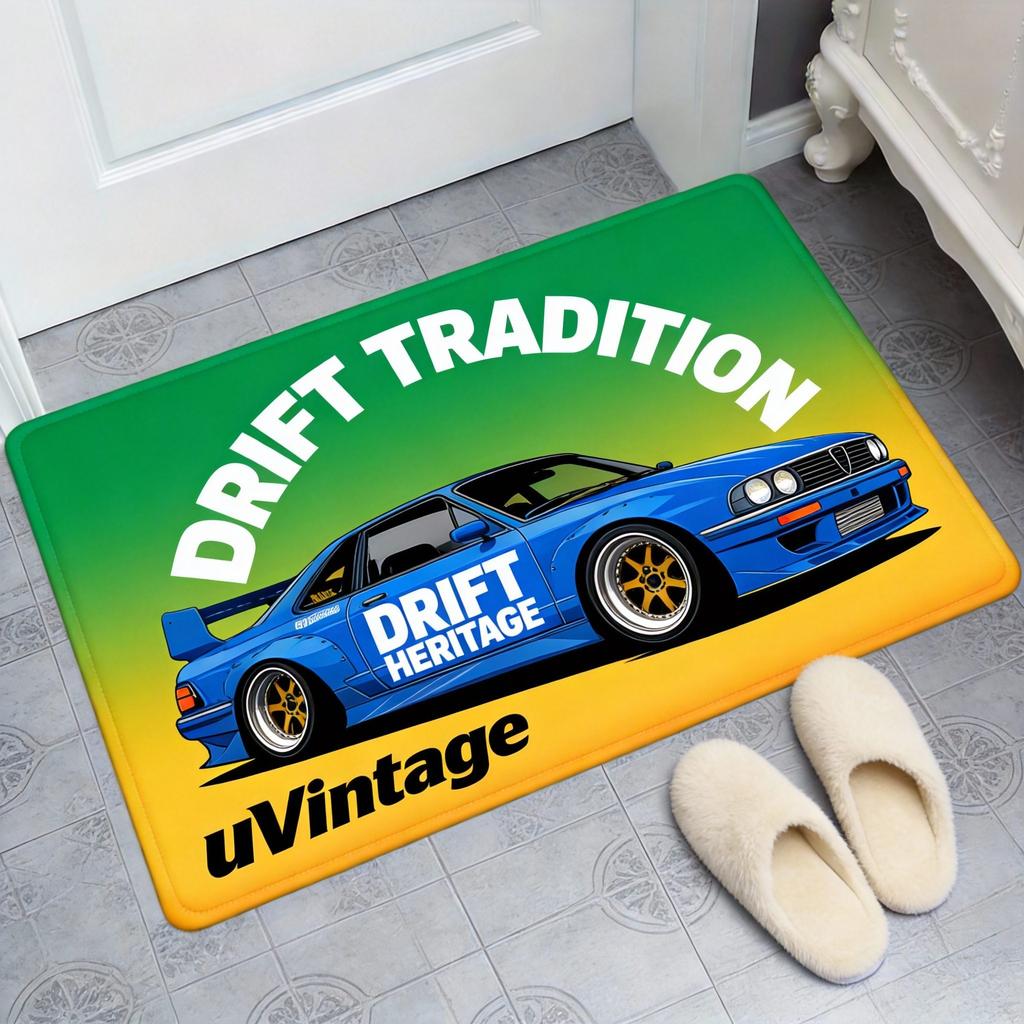 JDM Car Doormat Black Tuning Vehicle with Yellow Background & "BVECTOR" Logo, Anime-Style Floor Mat for Man Cave and Garage