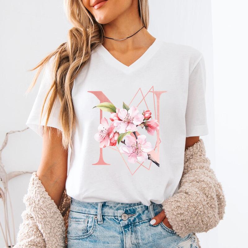 AZ 26 Alphabet Unisexs VNeck TShirt Pink Sakura Letter B Graphic T Shirts Unisex Letters ABCD Casual Tees Fashion Y2K Tops