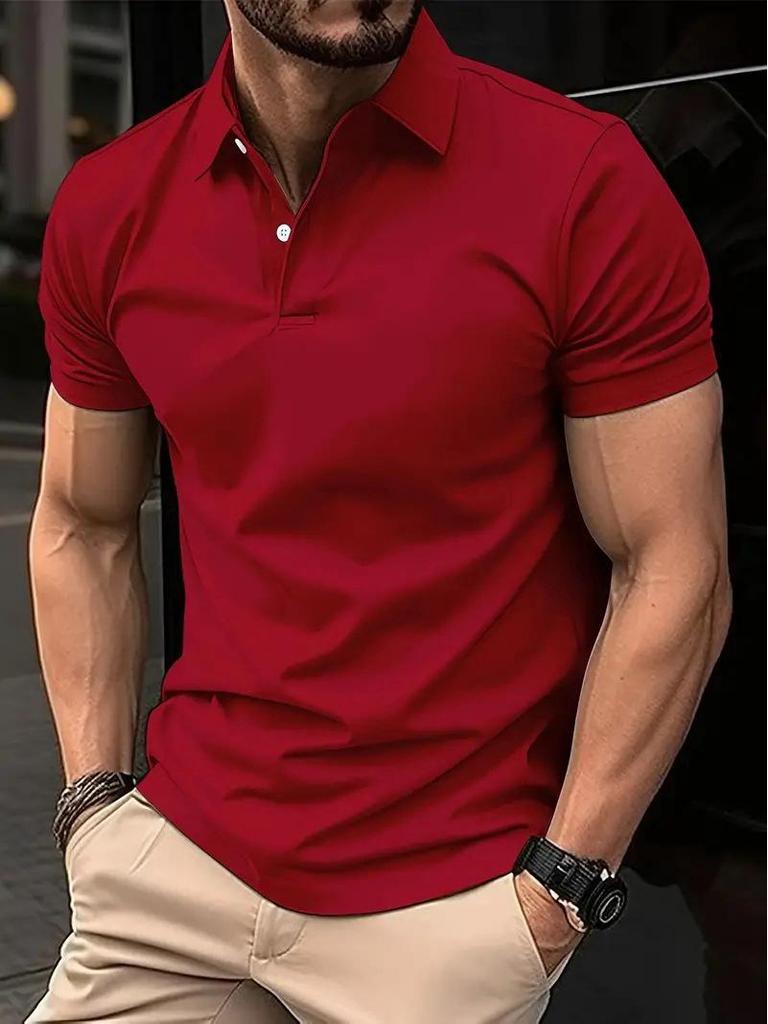 Men's Solid Color Button Short-Sleeve Polo Shirt