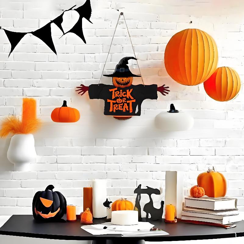 1Pcs 2D Halloween Trick-Or-Treat Wooden Sign Monster Face Pumpkin Design Rope Hanger Porch Wall Or Halloween Garden Party Decora