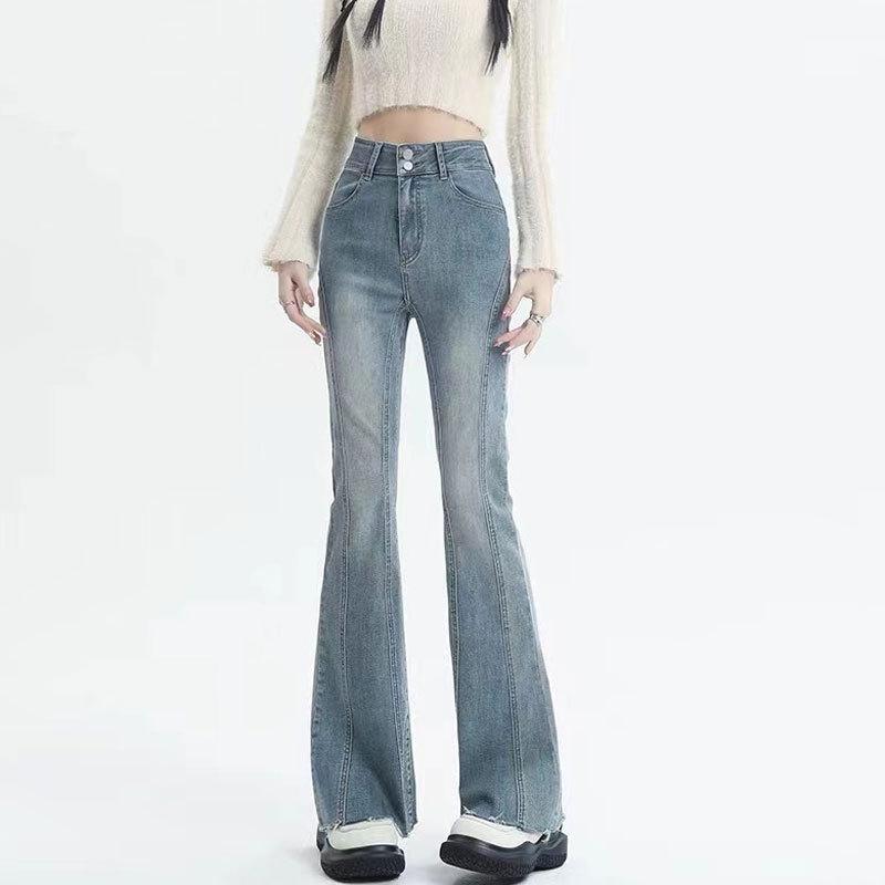 Women s High Waist Vintage Micro-Flare Jeans - Elastic, Raw Hem, Double Button, Retro Bell Bottom. Small