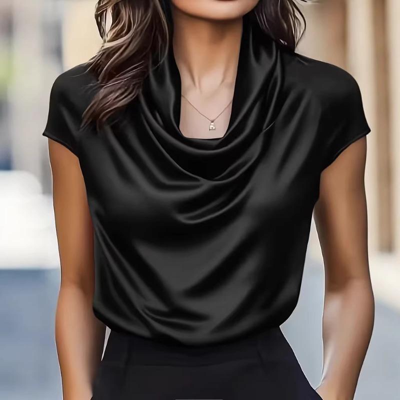 New Summer Swinging Neck Short Sleeve Loose Women's Blouse Fashion Casual Shirts for Women Elegant Solid Color Slim Fit Simple Office Ladies Tops