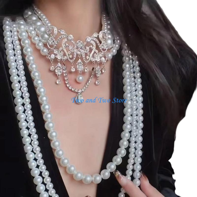 HX6F Layering Faux Pearls Neck Jewelry Adjustable Length Gemstones Studded Neckpiece CN