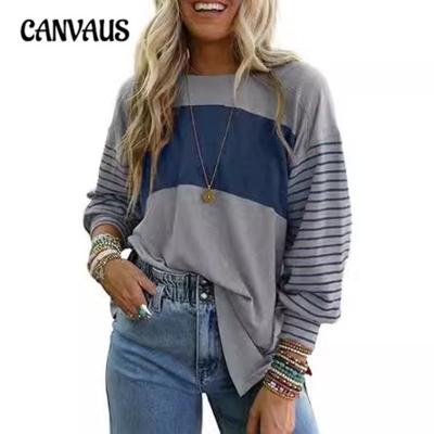 Blusa feminina gola redonda listrada patchwork fenda manga comprida top casual