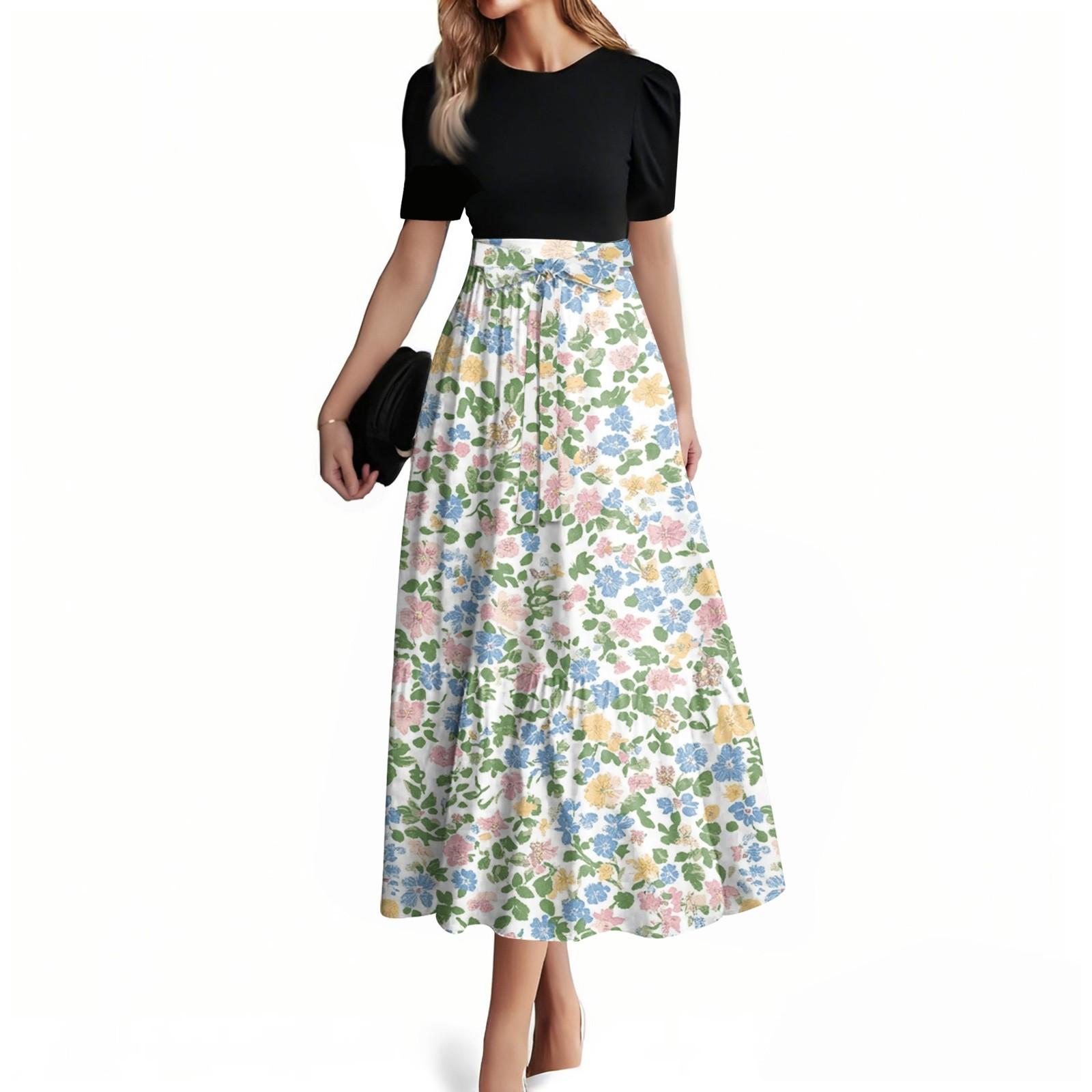 

Women s Fashion Casual Belt Short Sleeve Round Neck Stitching Elegant Temperament Dress S