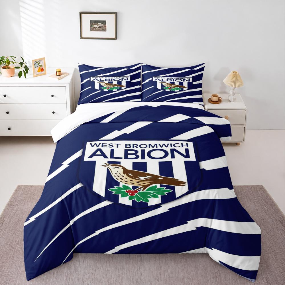 West Bromwich Albion Football Crest Bedding Set (1 Duvet Cover, 2 Pillowcases, Duvet Not Included), Navy White Striped Throstle Art Print