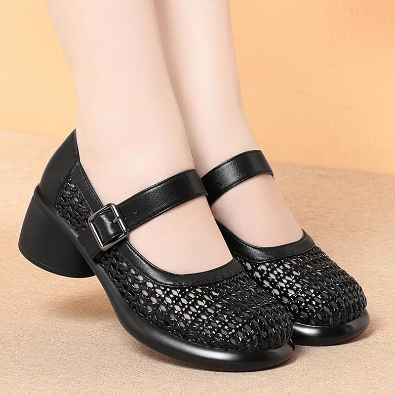 5cm Comfortable All Match Genuine Leather Sandals Round Head Cutout Hole Shoes 2025 Summer Med Block Heels Sandals Office Mom