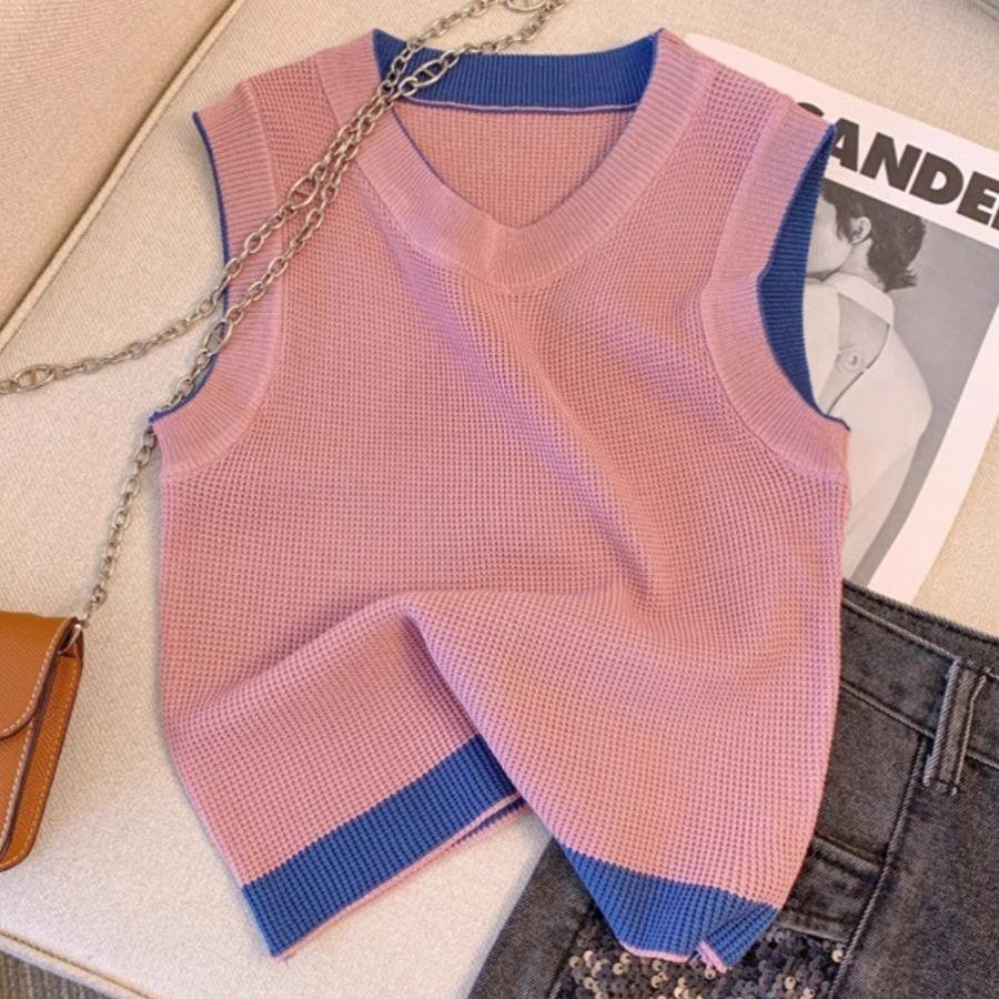 

Женский корейский стиль винтажный колор-блок уникальный дизайн без рукавов майка жилет лето тонкий ледяной шелк пуловер вязаная блузка топ L