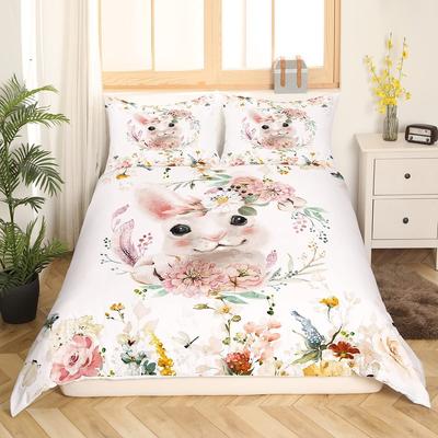 Kaninchen Bettbezug Set Polyester Bettdeckenbezug Einzelgröße, Rosa Floral für Mädchen Frauen Niedliches Häschen Bettwäscheset mit Kissenbezug