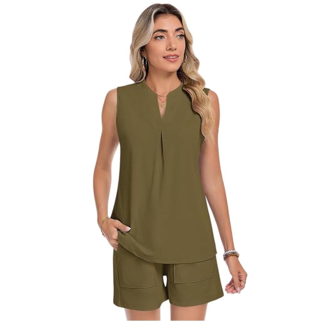Sleeveless Split Neck Top and Drawstring Shorts Set for Women Soft Lightweight Two Piece Outfit with Pockets for Daily Wear